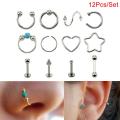 12Pcs/Set Hoop Nose Ear Rings Tragus Cartilage Earrings Piercing Body Jewelry. 