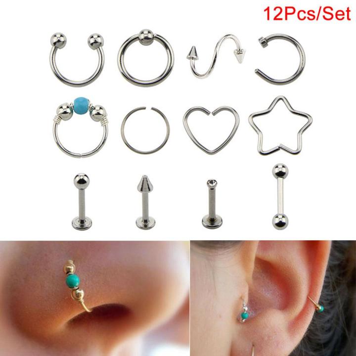 12Pcs/Set Hoop Nose Ear Rings Tragus Cartilage Earrings Piercing Body Jewelry