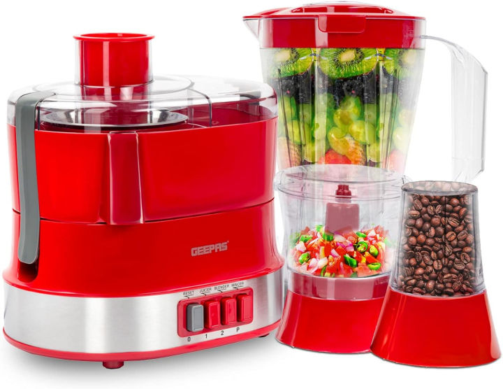 Geepas 4-in-1 multi-function food processor (Model-GSB9990) | electric blender juicer, 2-speed with pulse function & safety interlock | 800w |juicer, blender, mixture & coffee mill included- assorted | RED
