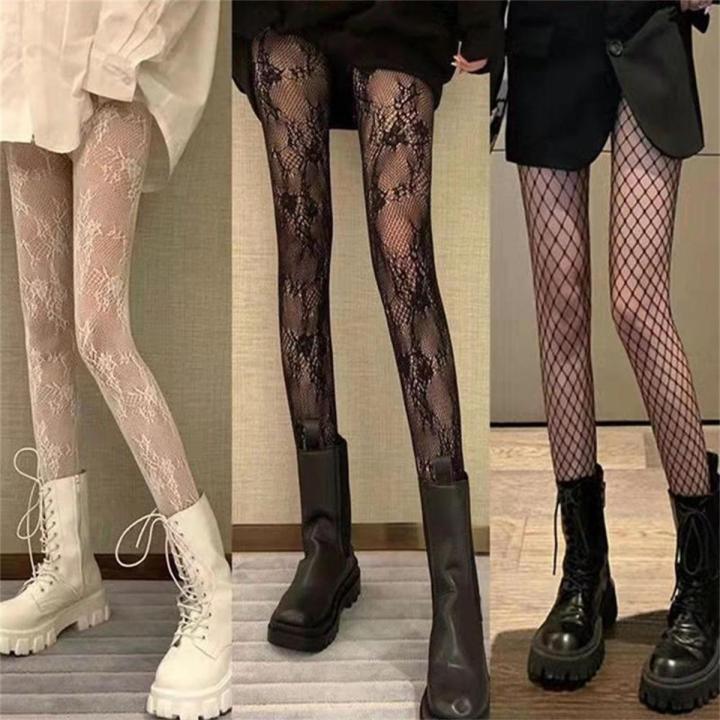 Ins Tights Women's Black Net Stockings Patterned Tights Mesh Leggings Lace High Socks Fishnet Pantyhose