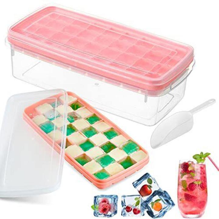 Ice Cube Tray with Lid and Bin 33 Mini Nuggets,Nugget Silicone Ice Tray,Flexible Ice Cube Molds Comes with Ice Container, Scoop and Cover(Pink)