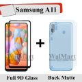 Samsung Galaxy A11 Full Black 9D Tempered Glass Edge to Edge Full Glue Screen Protector + Back Matte Protector Soft Skin Sheet Soft Film Protector For Galaxy A11. 
