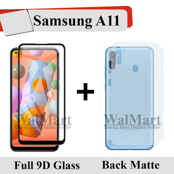 Samsung Galaxy A11 Full Black 9D Tempered Glass Edge to Edge Full Glue Screen Protector + Back Matte Protector Soft Skin Sheet Soft Film Protector For Galaxy A11