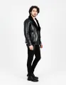 New Men's Casual Biker Style Black PU Leather Jacket with Tartan Collar. 