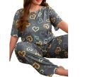 Gray Multi Heart Printed Women Night Dress | Printed Ladies Sleep Wear Night Dress with Shirt and Trouser (Complete Sleeping Suit) For Women/Nighty for Girls. 