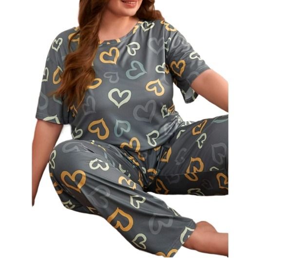 Gray Multi Heart Printed Women Night Dress | Printed Ladies Sleep Wear Night Dress with Shirt and Trouser (Complete Sleeping Suit) For Women/Nighty for Girls