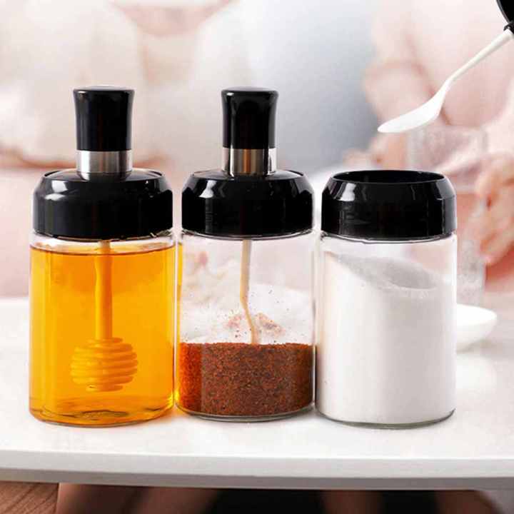 Multipurpose Glass Spice Jar Set - Kitchen Seasoning Bottle with Spoon, Brush, and Honey Dipper Lid, Elegant Design, Durable