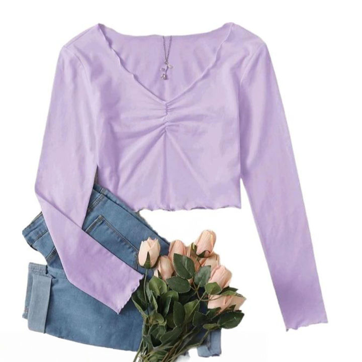 Ruched Lettuce-Edge Cropped Tee for Women - Casual, Comfortable, Multiple Sizes