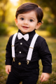 Baby Boy Black Formal Outfit – Shirt, Pants, White Suspenders & Bow Tie | 1–10 Years. 