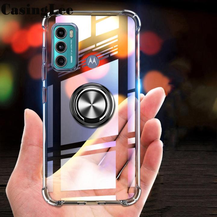 Casinglee For Motorola G60 Case Clear Transparent Airbag Protector Shockproof Car Magnetic Holder Ring Back Cover Moto G60 Phone case For girls and Boys