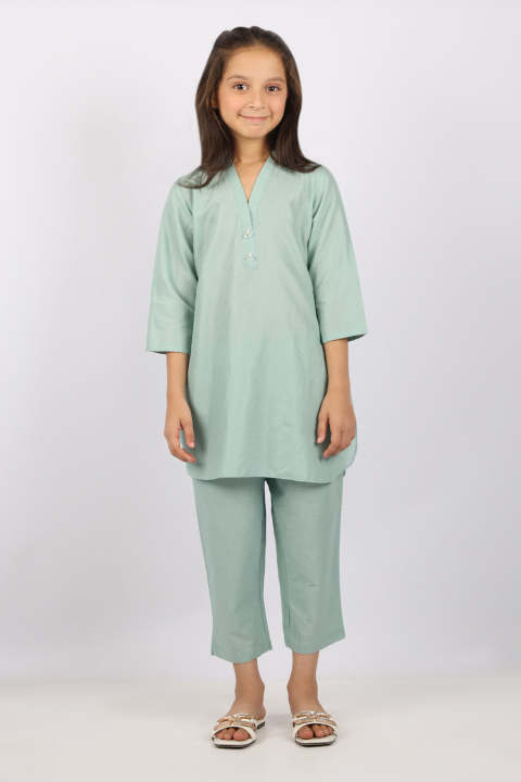 SAYA Stitched Cotton Jacquard Shirt/Trouser For Kids green 62121