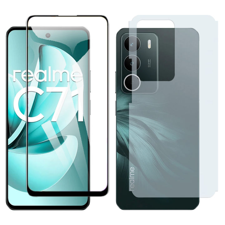 Realme C71 Full Black 9D Tempered Glass Screen Protector Edge to Edge Full Glue Premium Quality + Back Matte Finish Protector Carbon Fiber Soft Skin Sheet For Realme C71