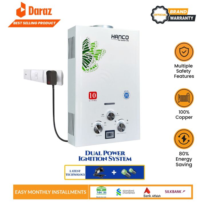 Hanco - 10 Liters - Instant Water Heater - LPG & NG Geyser - Dual Ignition 1 Year Brand Warranty