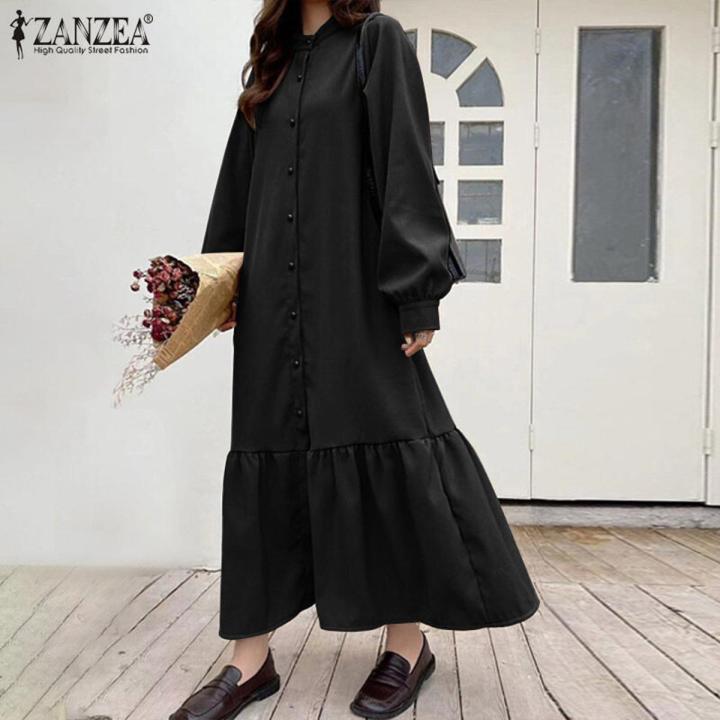 ZANZEA Korean Style Women Long Sleeve Casual Holiday Plain Baggy Ruffle Maxi Shirt Dress Daraz.pk