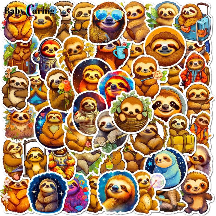 Diy Craft Sticker 50pcs Cute Cartoon Sloth Stickers Waterproof Vinyl Decals for Water Bottles Laptops Skateboards Diverse Animal Patterns Diy Art Decorative Graffiti Stickers Ideal for Scrapbooking