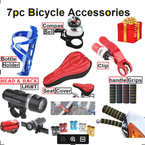 7pc bicycle accessories Bell,Light,Bottle Holder,Seat cover, Seat Clamp, bicycle handle bar grips , rear pedal
