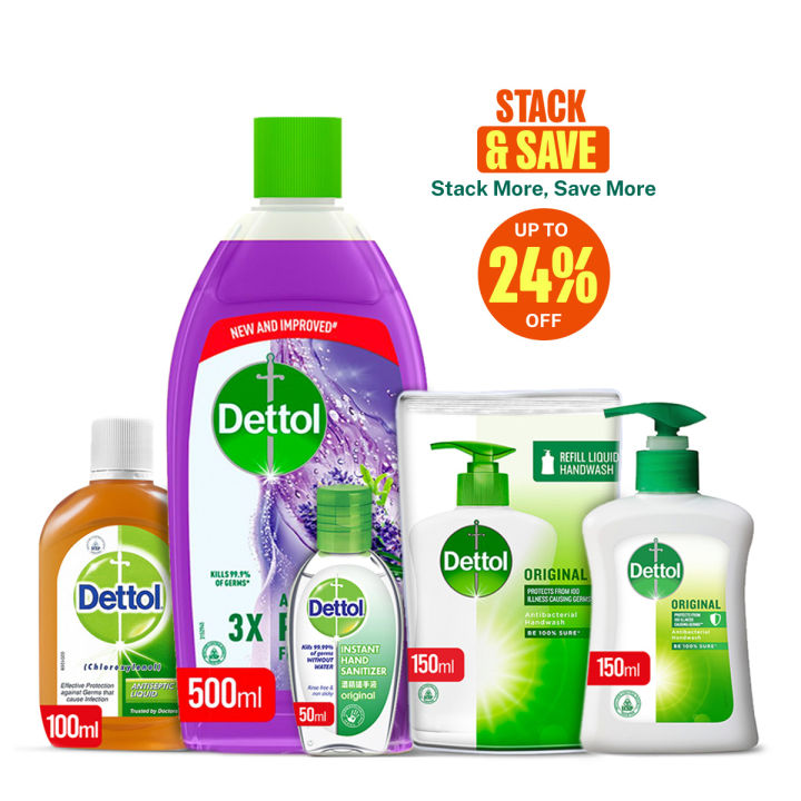 Dettol Mom & Baby Care Kit - Handwash Pump Original 150mp + Handwash Refill Original 150ml + Antiseptic Liquid 100ml + Floor Cleaner Lavender 500ml