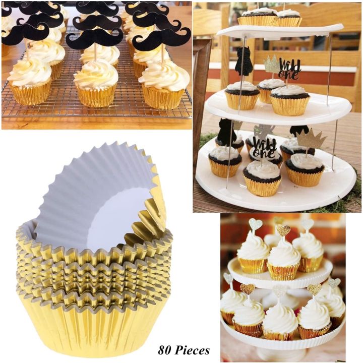 80 Pieces Disposable Golden Aluminium Foil Cup Cake Muffin Liners Baking Accessories