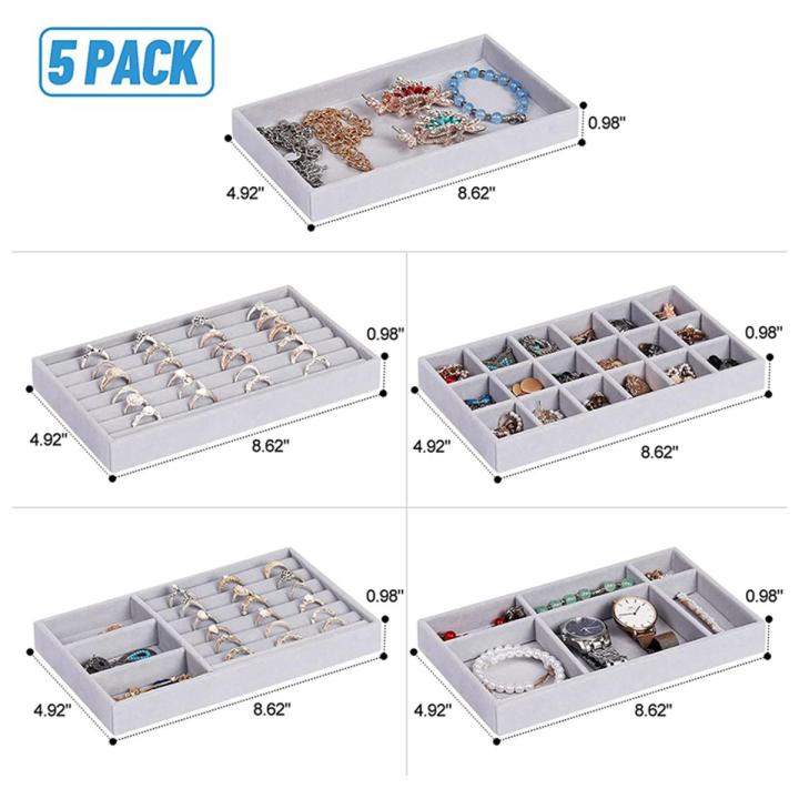 Jewelry Organizer Tray, 5 Pcs Stackable Velvet Jewelry Organizer for Drawer, Jewelry Storage Display Trays Showcase