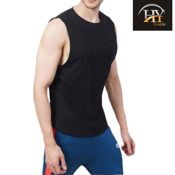 Men Black Solid Round Neck Sleeveless T-shirt, Gym Tank Sando by HY Textile
