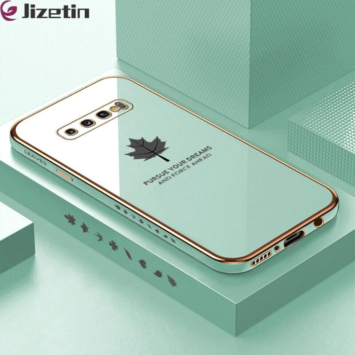Jizetin (Free Lanyard) for Samsung Galaxy S10 Plus Back Cover Maple Leaf Luxury 6D Plating Case Side Pattern Soft Silicone Square Phone Cases