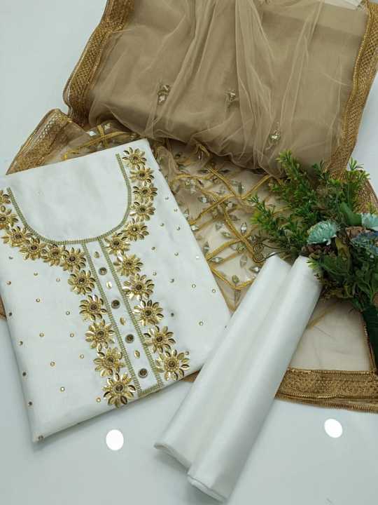 3 Piece fancy white color unstitched Dress for women – Kataan silk Shirt & Trouser with Net Dupatta