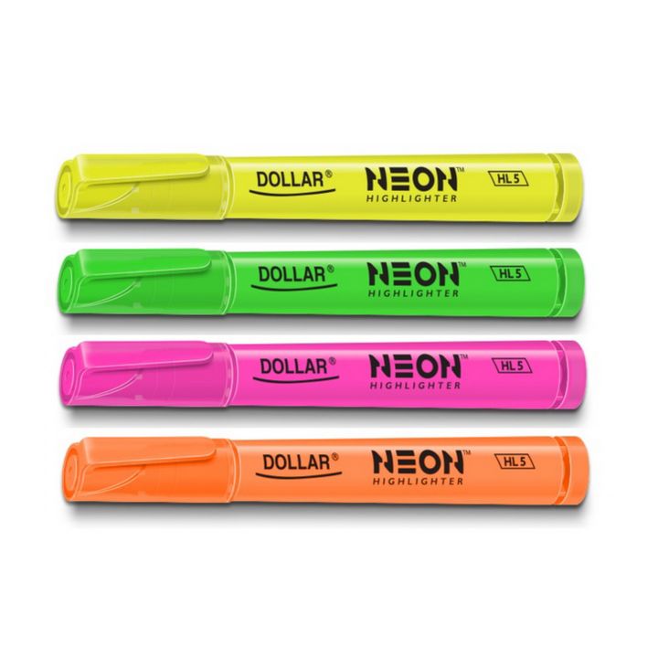 Dollar Neon Highlighter Pen (4-pcs/pack) Text marker - Chisel Tip 1-5mm, Fluorescent Ink, Round & Flat Shapes, Non-Toxic & Fade Proof, 1mm + 5mm Line Widths – Perfect for Office, School, and Home | Dollar Highlighter