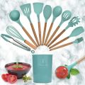 12 Pcs Silicone Cooking Utensils Kitchen Utensil Set - Heat Resistant Non-Toxic BPA Free Spatula Set with Turner Tongs,Spoon,Brush,Whisk-Wooden Handles Kitchen Gadgets Tools Set for Nonstick Cookware. 