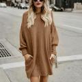 Fashion Women Solid O-Neck Pocket Long Sweater Long Sleeve Casual Loose Pullover. 