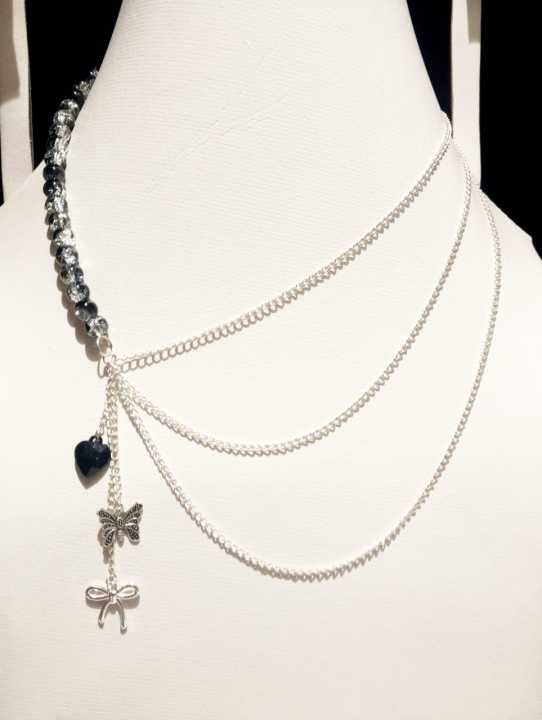 3 Layered Chain Necklace with Beautiful Charms and Beads – Punk Trendy Casual Jewelry for Girls & Women
