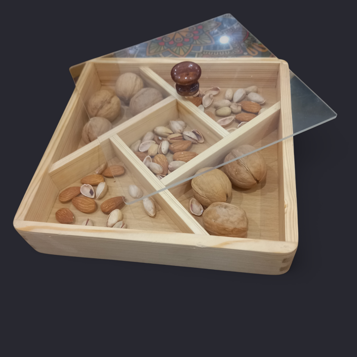 Pure Wood Dry Fruit Tray with Acrylic Glass Lid and Wooden  Handle Serving Tray  for Snacks