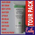 EMILY 10 IN 1 TOUR PACK FOR TRAVELERS, TRAVELING KIT, IMPORTED EYE MASK, SLEEPING MASK, EAR PLUGS, SOCKS PAIR, HAND CREAM, DAY CREAM, BODY LOTION, HAND SANITIZER, LIP BALM AND SPA RELAXING TUBE IN TRAVELING POUCH. 