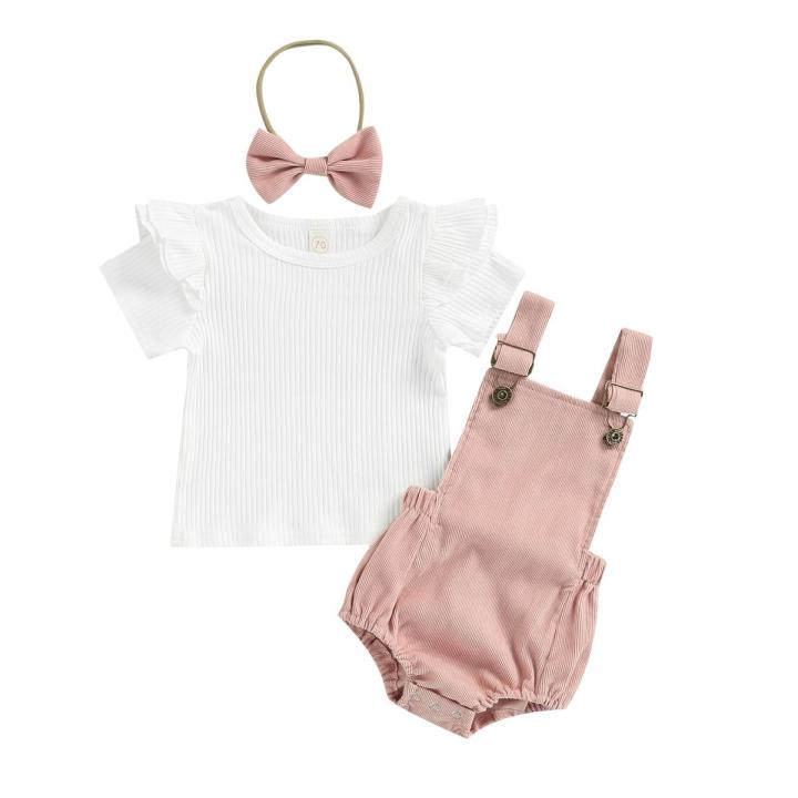 Newborn Baby Three Piece Set, Fly Sleeve Round Neck Shirt Suspender Ruffle Shorts Elastic Matching Headband