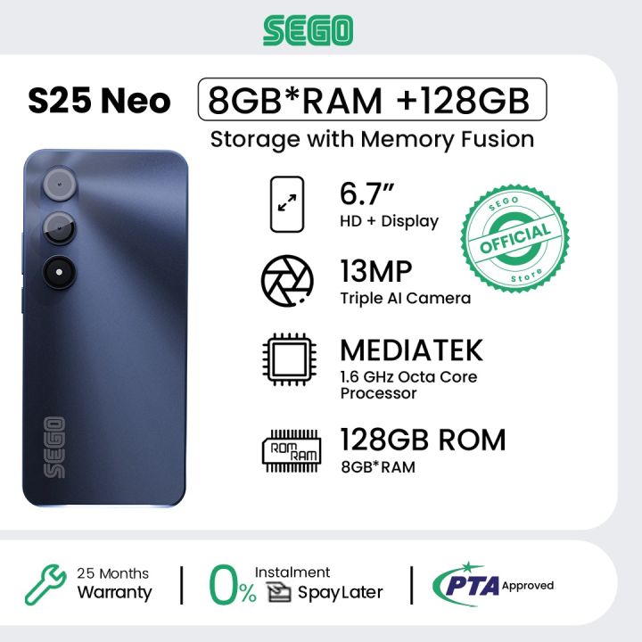 SEGO S25 Neo Smartphone, PTA Approved, 6.7" 90Hz HD+ Hole Punch Display, AI Dual Camera, 5000mAh Battery, 8GB RAM (4GB + 4GB Expansion), Side Fingerprint, Dual SIM.