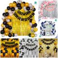 Happy Birthday Decoration Set Theme ( Black, Gold, Silver, Pink, White, Silver), Latex Ballooons, Confetti Balloons, Back Curtain Black & Gold, Best For Happy Birthday Decoration Combo Kit. 