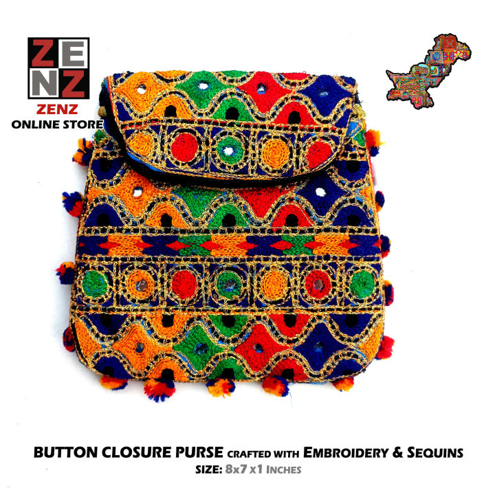 Multicolour Purse Hand Bag crafted with Embroidery & Sequins by ZENZ Sindhi Traditional Wear Embroidered Pouch