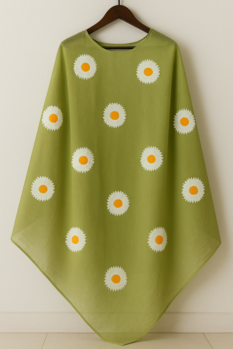 Hand-Painted Floral Dupatta in Olive Green – Sheer Organza Elegance with White & Orange Daisies | Perfect for Festive & Summer Looks | Custom-Made Just for You