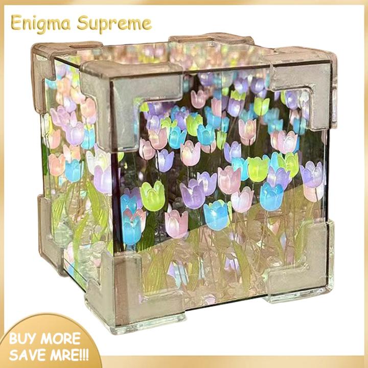 Enigma- Infinity Mirror Effect Lamp Handmade Tulips Cube Mirror Lamp Soft Glow Night Light for Romantic Desktop Decoration Easy to Install Diy Flower Lamp Tulip Cloud Lamp