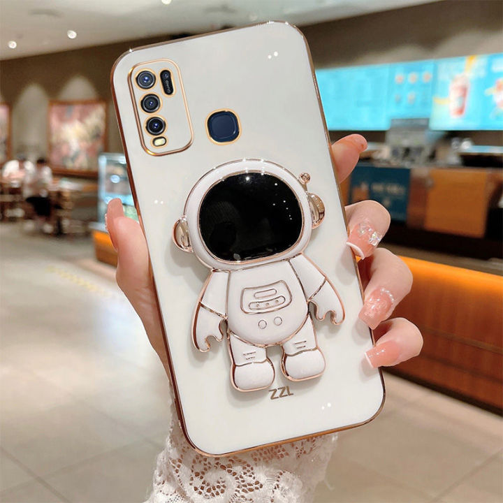 For Tecno Spark 5 Back Cover with Cartoon Astronaut Folding Stand Luxury 6D Plating Frame Shiny Cases Soft Silicone Square Protective Mobile Phone Case