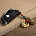 Vintage Brass Money Bag Keychain Pendant Handmade Rope Lucky Feng Shui Hanging Jewelry Ancient Five Emperors Coins Car Key Chain. 