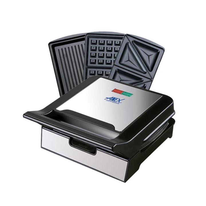 Anex AG 2039 C Deluxe Sandwich Maker 3 in 1 Sandwich maker, delicious hot sandwiches, crispy waffle, BarBQ grill Silver & Black 2 Years Brand Warranty