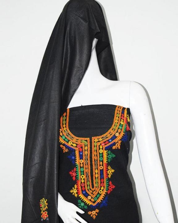 Black Cotton Applique Suit For Women - 3 Piece