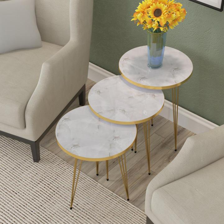 3 Pieces Table Set Top Marble Sheet With 3 Stylish  Gold Legs Coffee Table