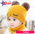 Baby Hat Scarf Set Eyes Embroidery Double pompom kid knitted Autumn Winter Neck Gaiter. 