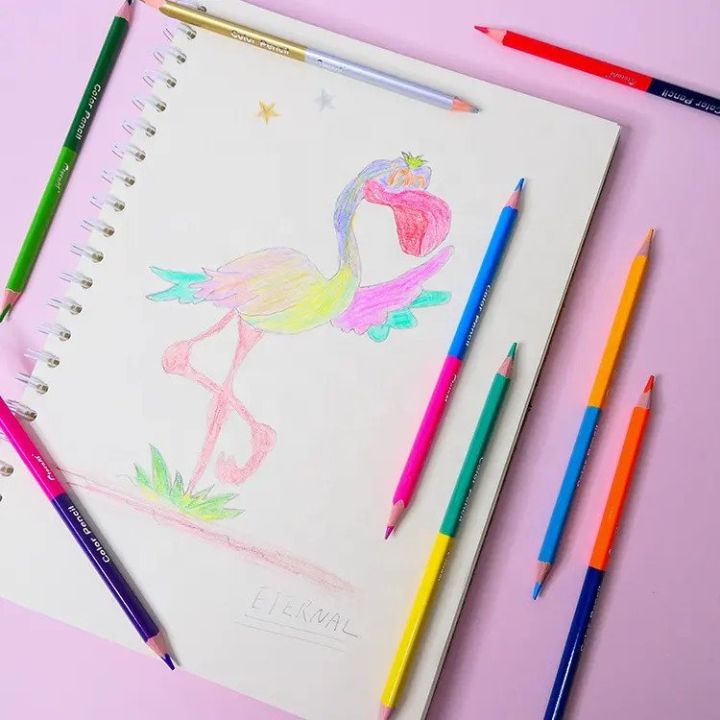 12 PCS|Pac of 12 Bicolor, 24 colors 2 in 1 | 24 Double Sided Pencil Colors | Multicolor Premium Quality | Artistic Colors for Kids | Ideal for coloring, drawing, and sketching | IMPORTED Includes Silver & Gold- Colour- Stationery