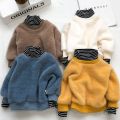 Boy's Hoody Autumn and Winter Sweater Baby Girl's Western Style Base Clothing Fleece-Lined Thickened Turtleneck Warm Two-Piece Top. 