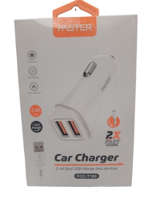 Faster Car Charger FCC-T100 2X Fast 2.4A Dual USB Charge Two Devices Type C Supported