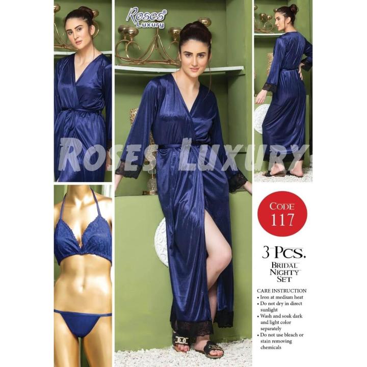 3 Pcs Hot Sexy Satin Silk Nighty Set For Women Bridal Night Dress for Women - Blue