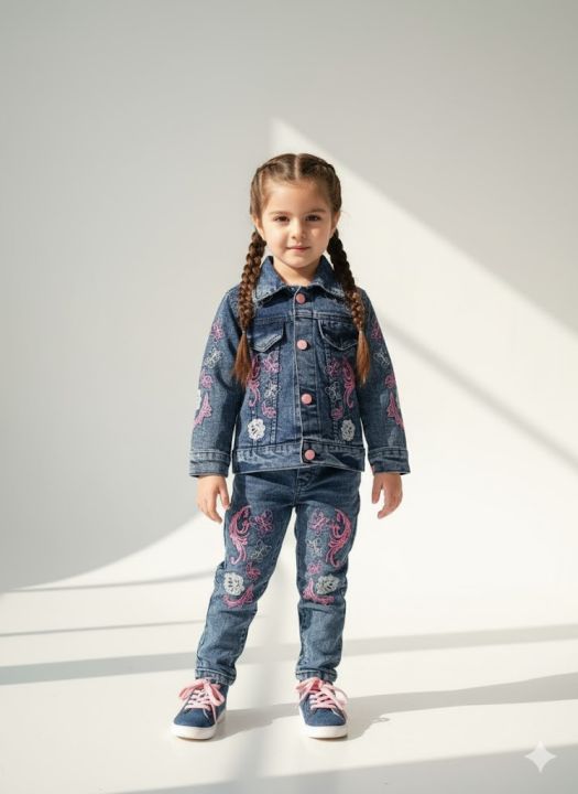 FANCY Floral Embroidered Denium Two-Piece Outfit For Girls