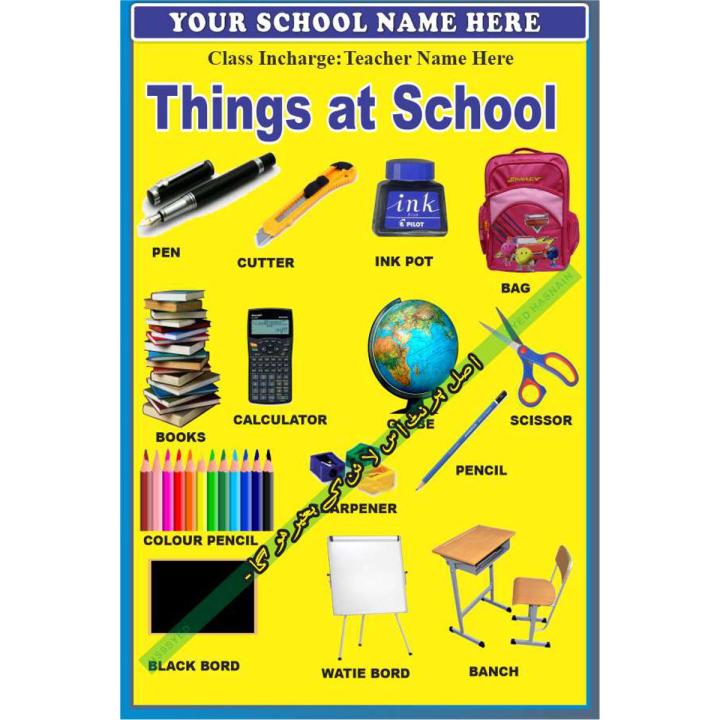 Things at School vocabulary English p01 - Board and Chart Graphics Flex sheet Panaflex Penaflex pana pena flex for Learning Education and Decoration of Class Room of School and College with customise Your School and Teacher Name